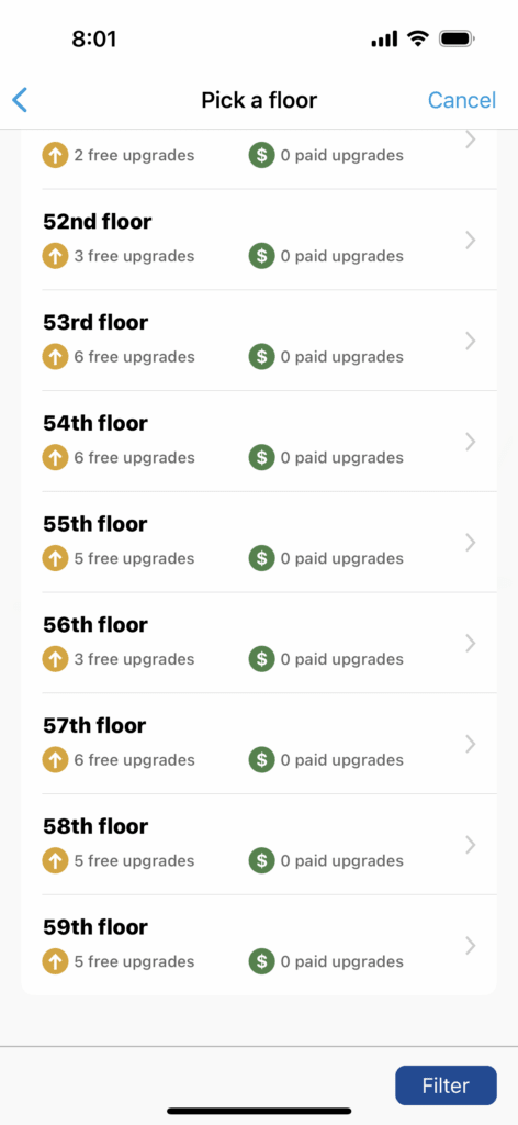 A screenshot of the Hilton App showing the option to select your floor and room. 