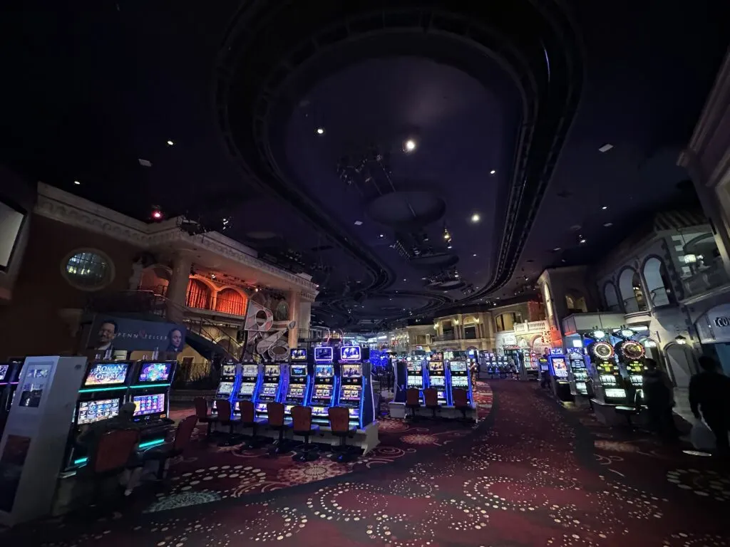 Rio Las Vegas casino floor with slot machines lined up into the distance.