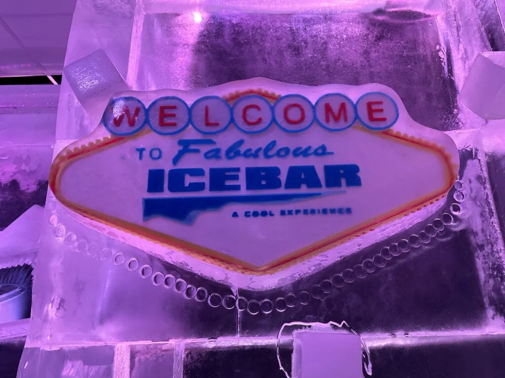 A sign that is modeled after the "Welcome to Fabulous Las Vegas" sign, but instead is welcoming guests to the fabulous Icebar.