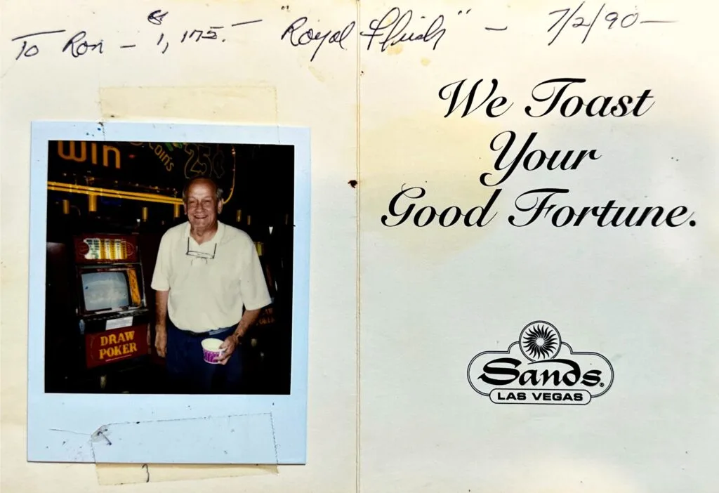 Image of a congratulatory card my grandfather recieved from Sands "Toasting his good fortune" with an image of him standing next to the winning machine.