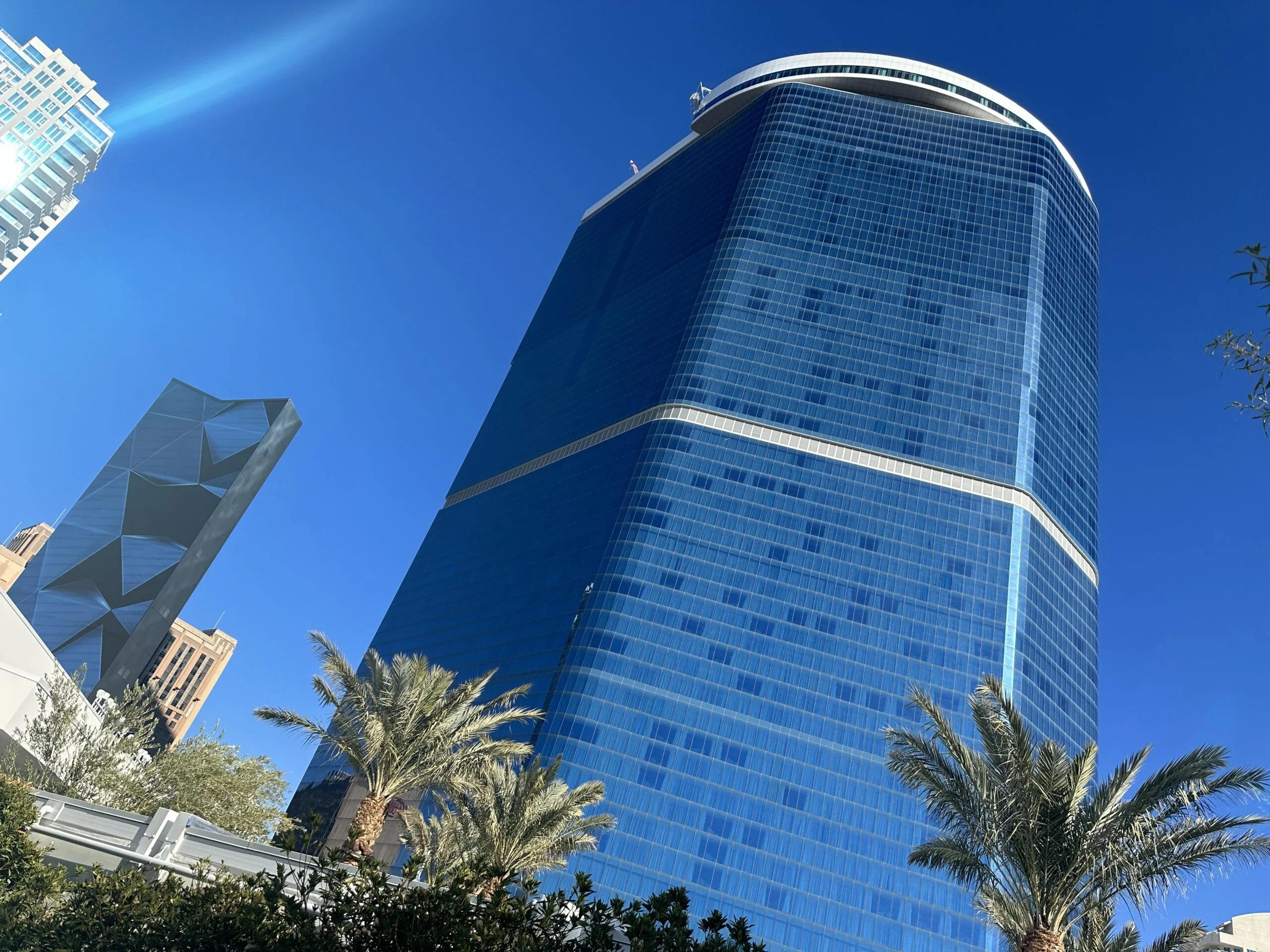 Fontainebleau's blue hotel tower extending into the sky.
