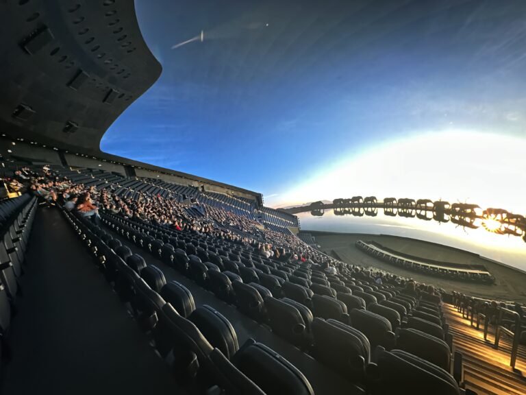 A wide angle photo of seating in The Sphere.