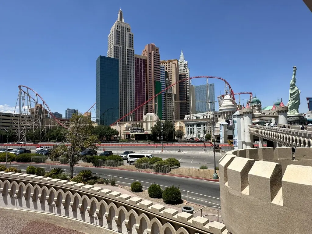 The exterior of New York New York Las Vegas from Excalibur.