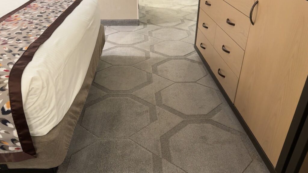 the Carpeting between the bed and the TV stand, which was gray, textured, and felt brand new. 