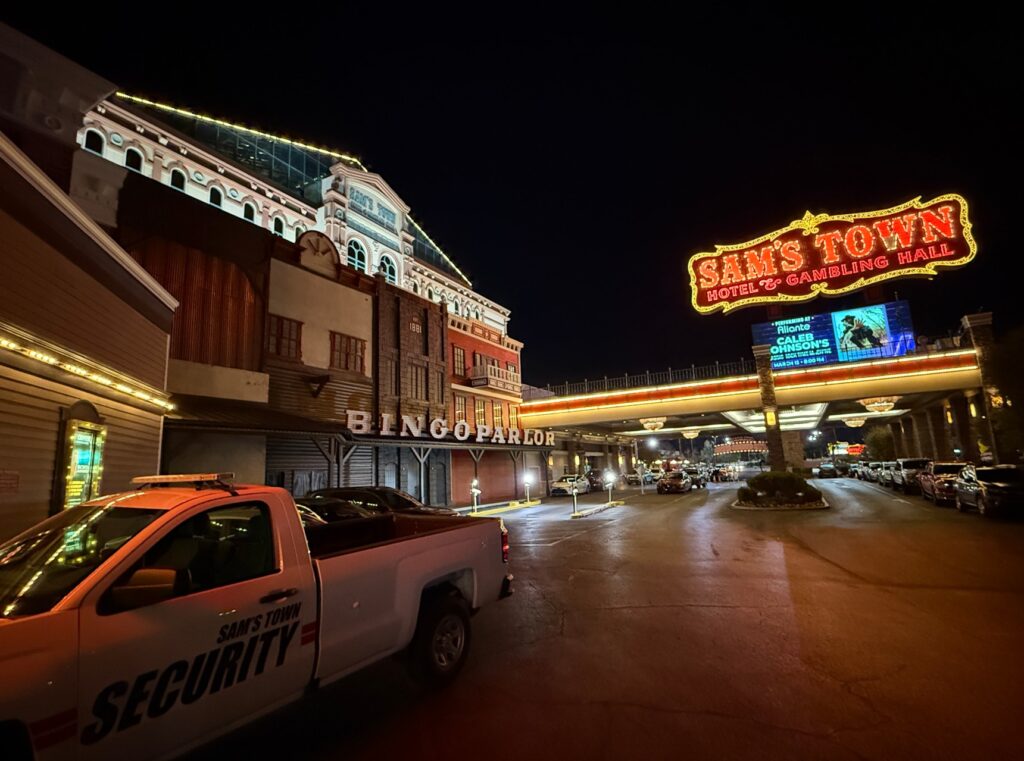 Sam's Town's Illuminated exterior at night. 
