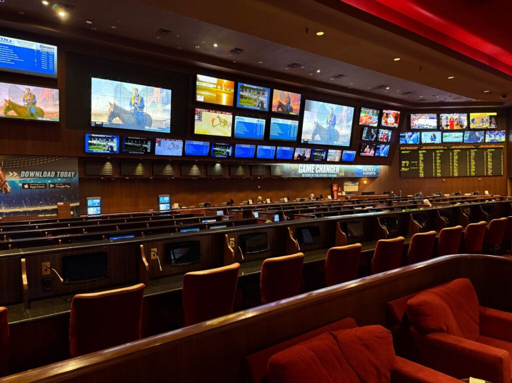 The sportsbook at Sam's Town, which is a wall of smaller, separated TVs. 