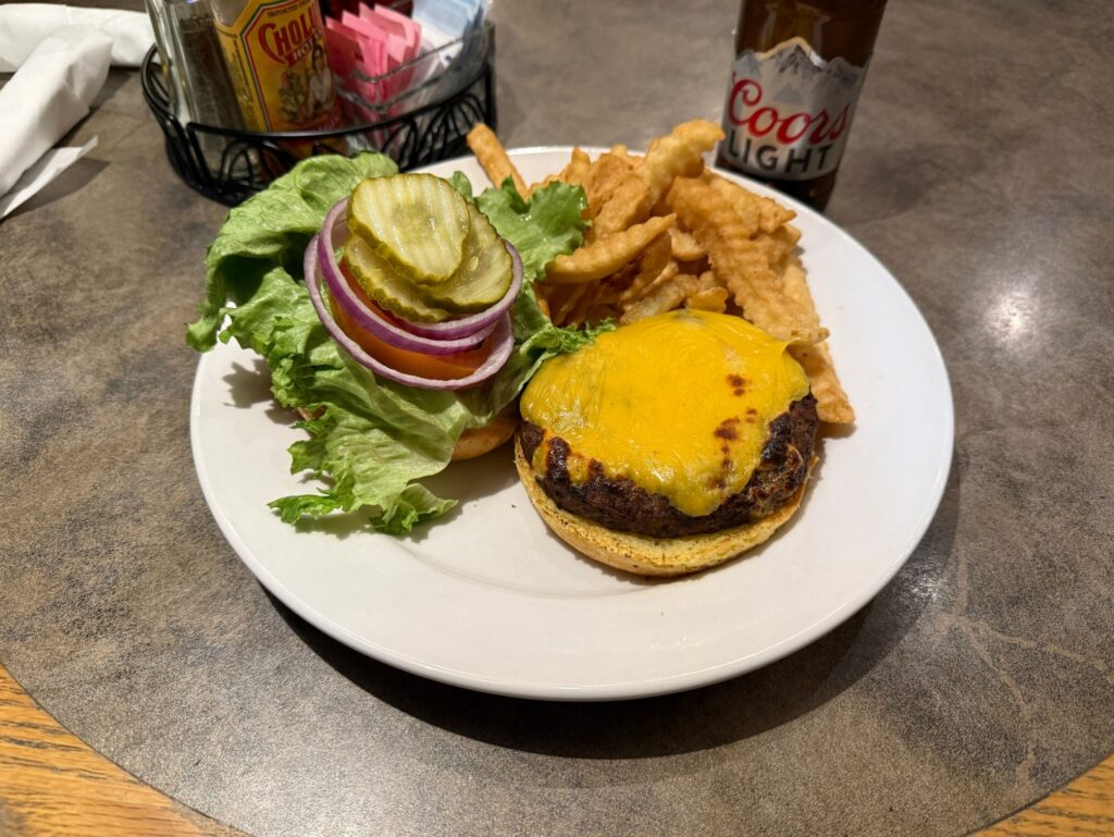 My burger and fries at Smokey Joe's. 