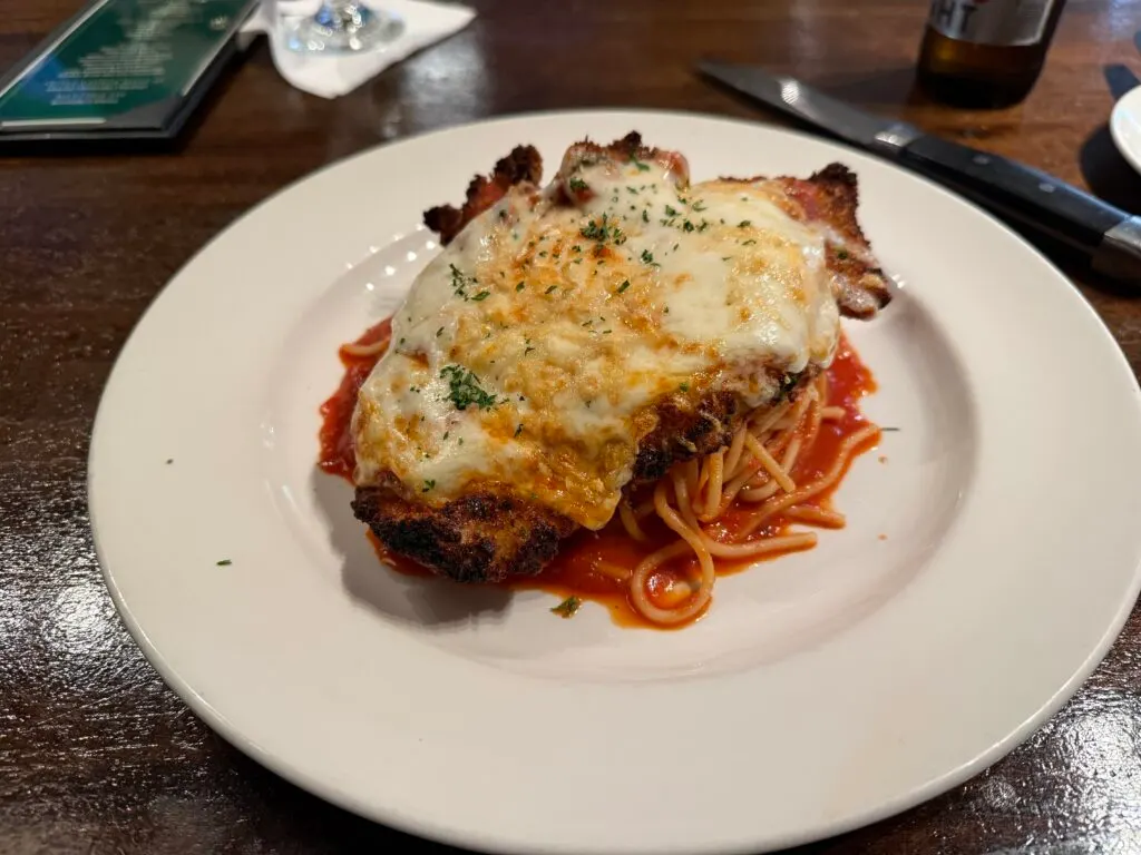 Chicken Parm on top of nodles.
