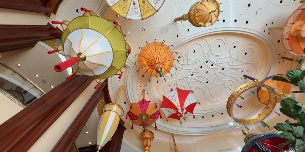 A view straight up at the parasols from the bar. 