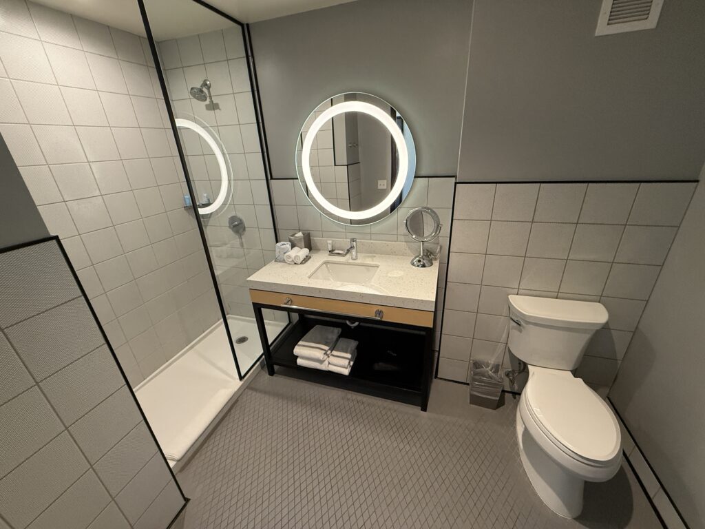 The bathroom, with the shower on the left, a single sink vanity in the middle, and a toilet to the right. 