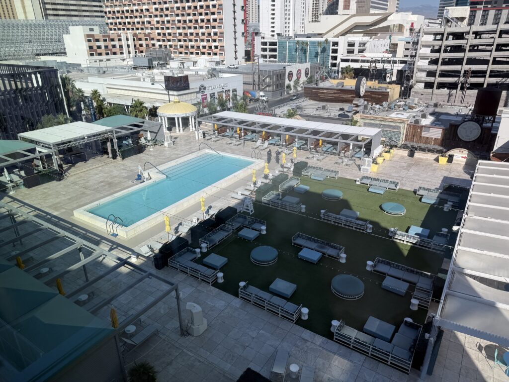 Downtown Grand's pool deck from above, which shows plenty of seating. 