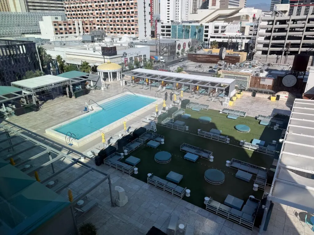 Downtown Grand's pool deck from above, which shows plenty of seating.