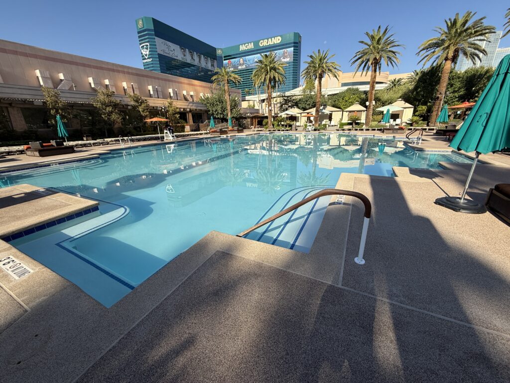 One of MGM Grand's pools with the hotel tower in the background. 