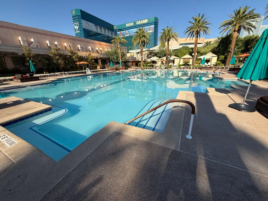 One of MGM Grand's pools with the hotel tower in the background.