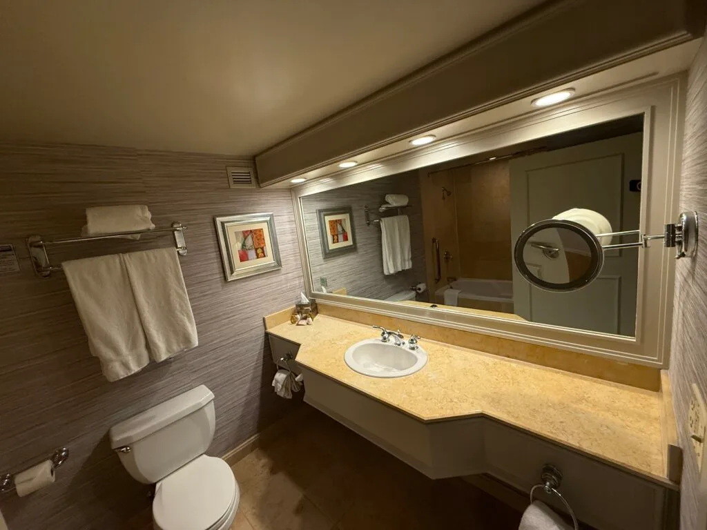 A single sink vanity, with a large mirror above next to a toilet.