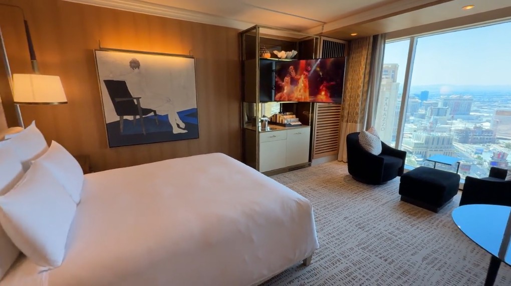 The TV, fully swiveled out and it's relation to the bed, which still requires a slight head turn. 