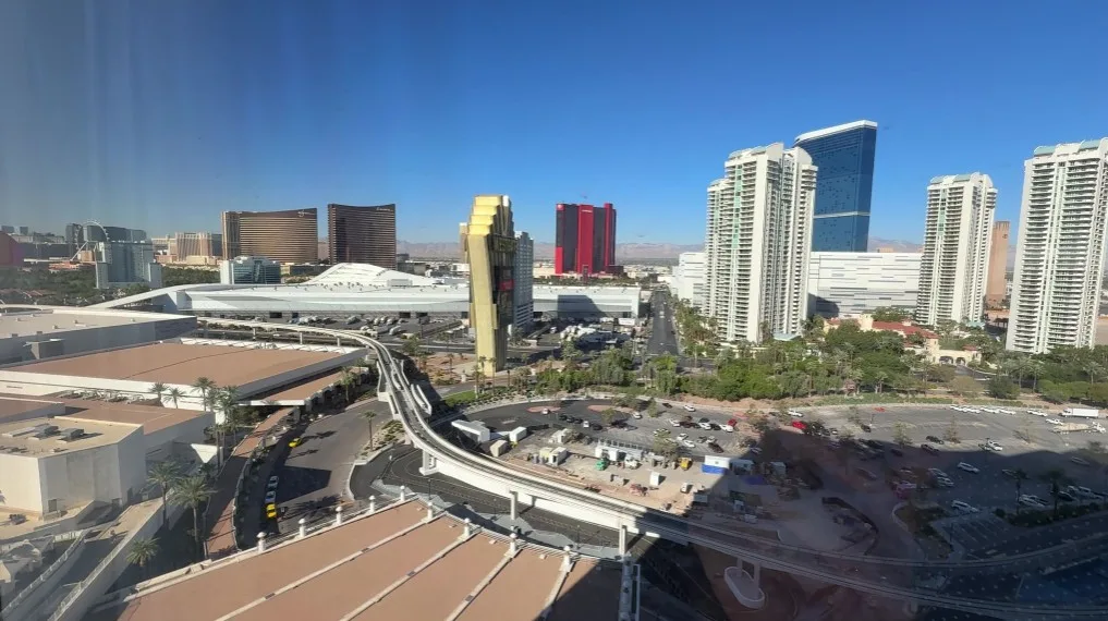 View of resorts along the strip from Westgate, with the monorail tracks below.