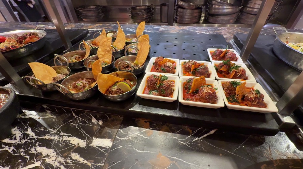 Individually plated items in Wynn's Buffet on display. 