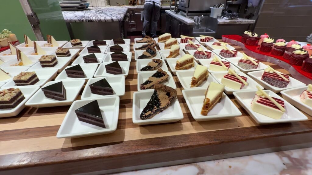 Individually plated slices of cake. 