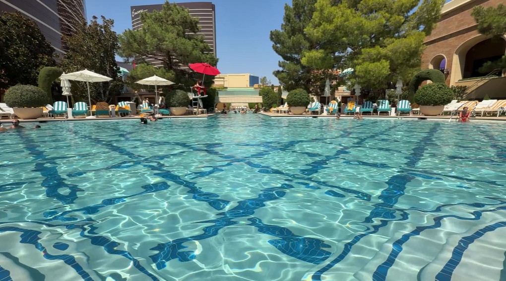 Wynn's pool with Encore's resort tower in the background. 