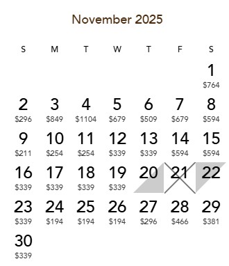 A rate calendar for Wynn in November 2025. 