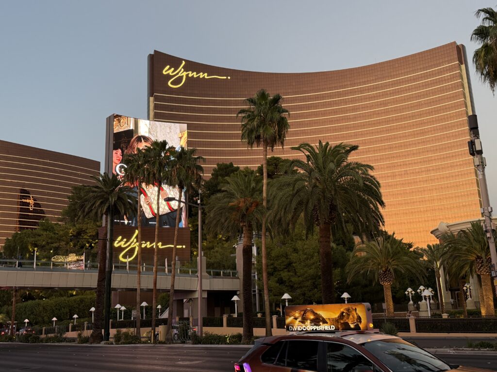 Wynn's hotel tower in the evening sunlight. 