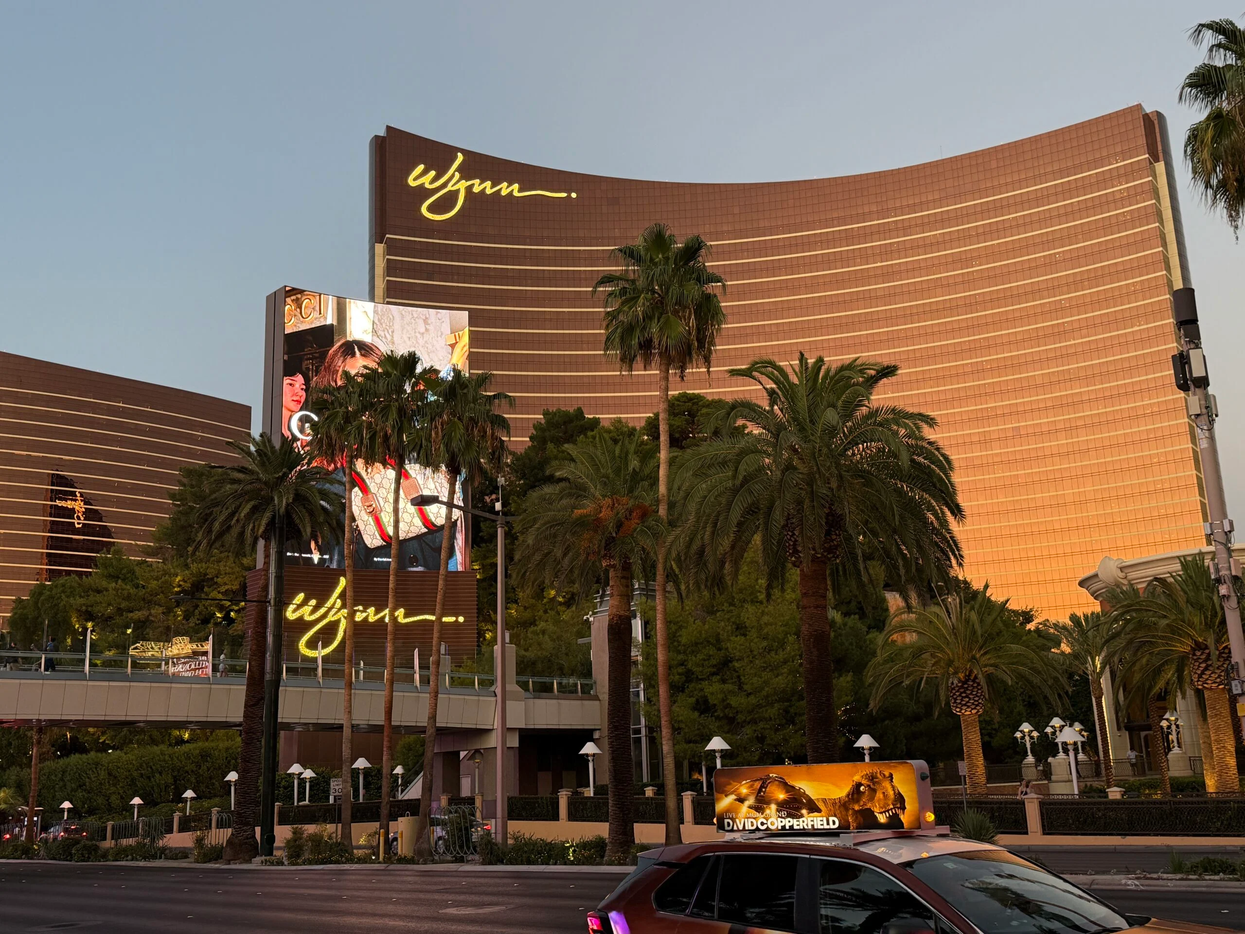 Wynn's hotel tower in the evening sunlight.