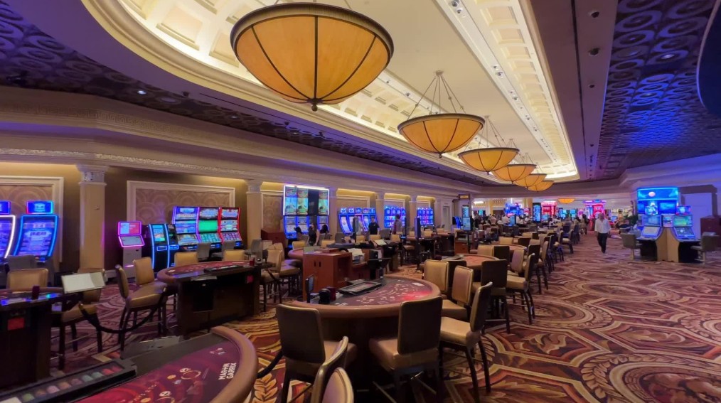 A row of table games on Caesars' casino floor.