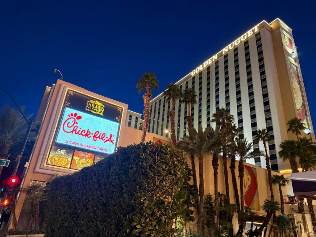 A hotel tower at Golden Nugget, photographed at night. 