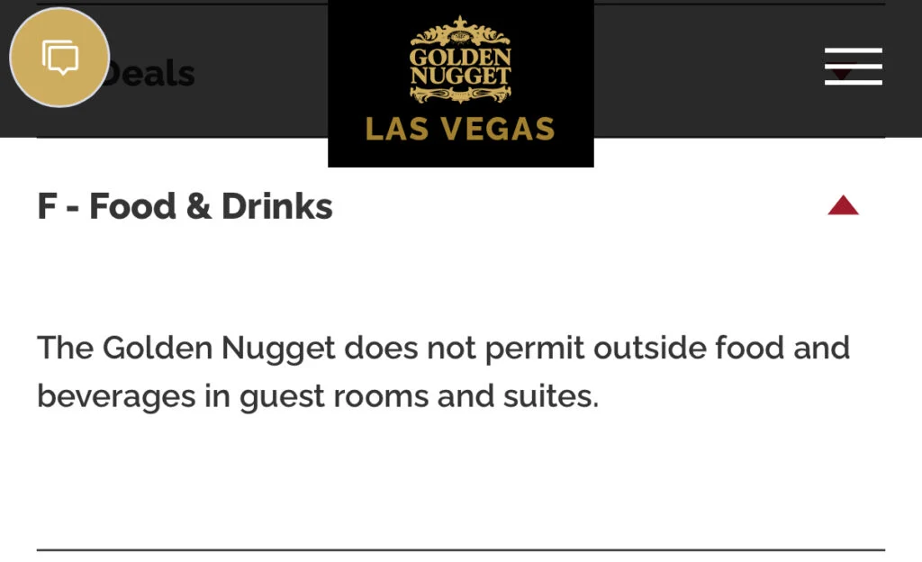 A screenshot of a rule posted on Golden Nugget's website prohibiting outside food and drink in guest rooms. 