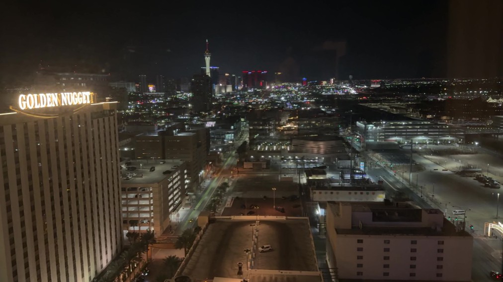View of the Strip in the distance at night.