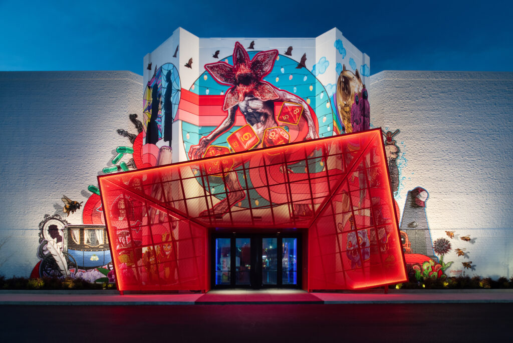 Entryway to Netflix House, with the doors inside a bit red square representing an envelope.