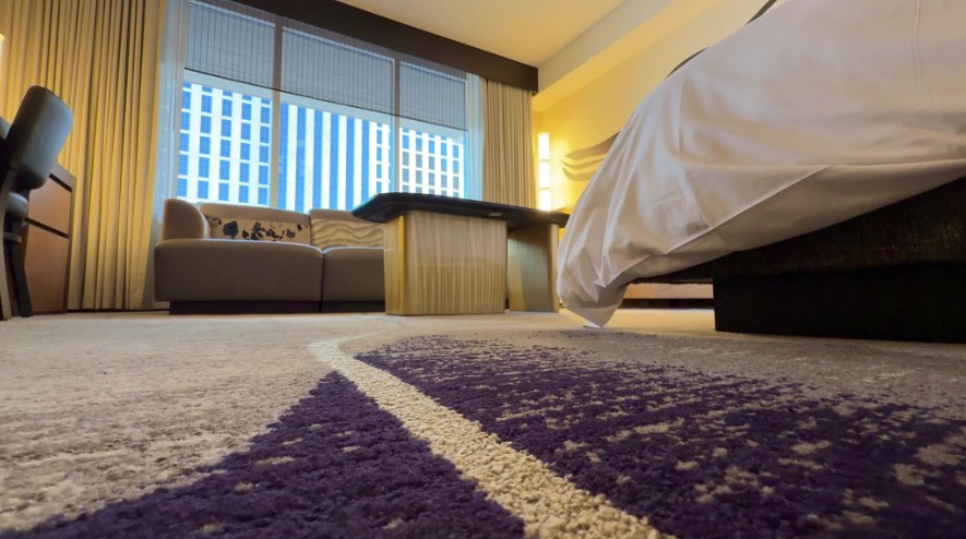 the room's carpet, shot from the floor level.