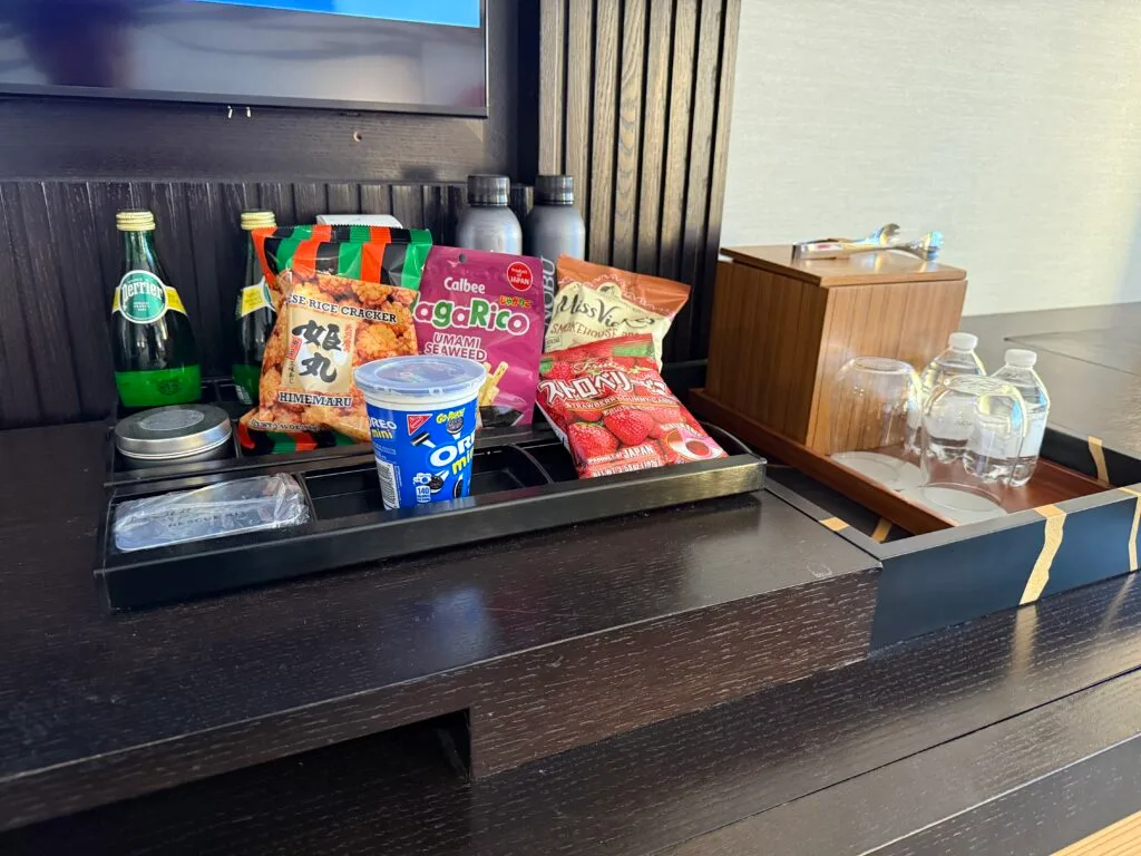Dry minibar items, which include snacks from other countries.