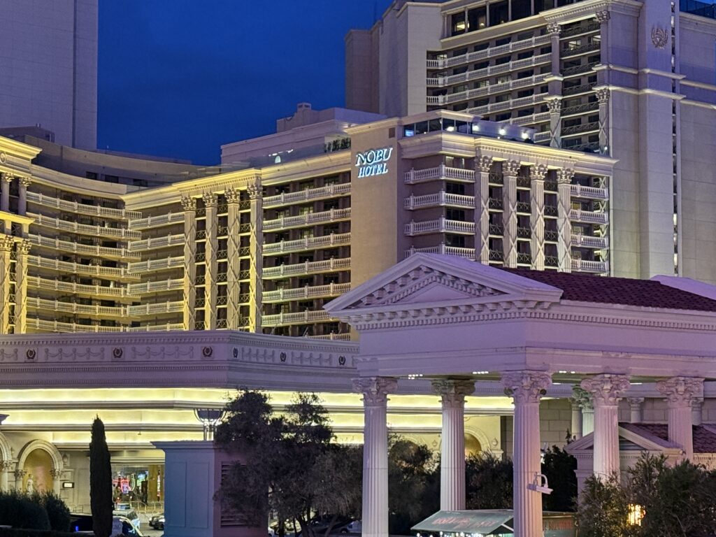Nobu tower Exterior in the middle of several other towers at Caesars Palace.