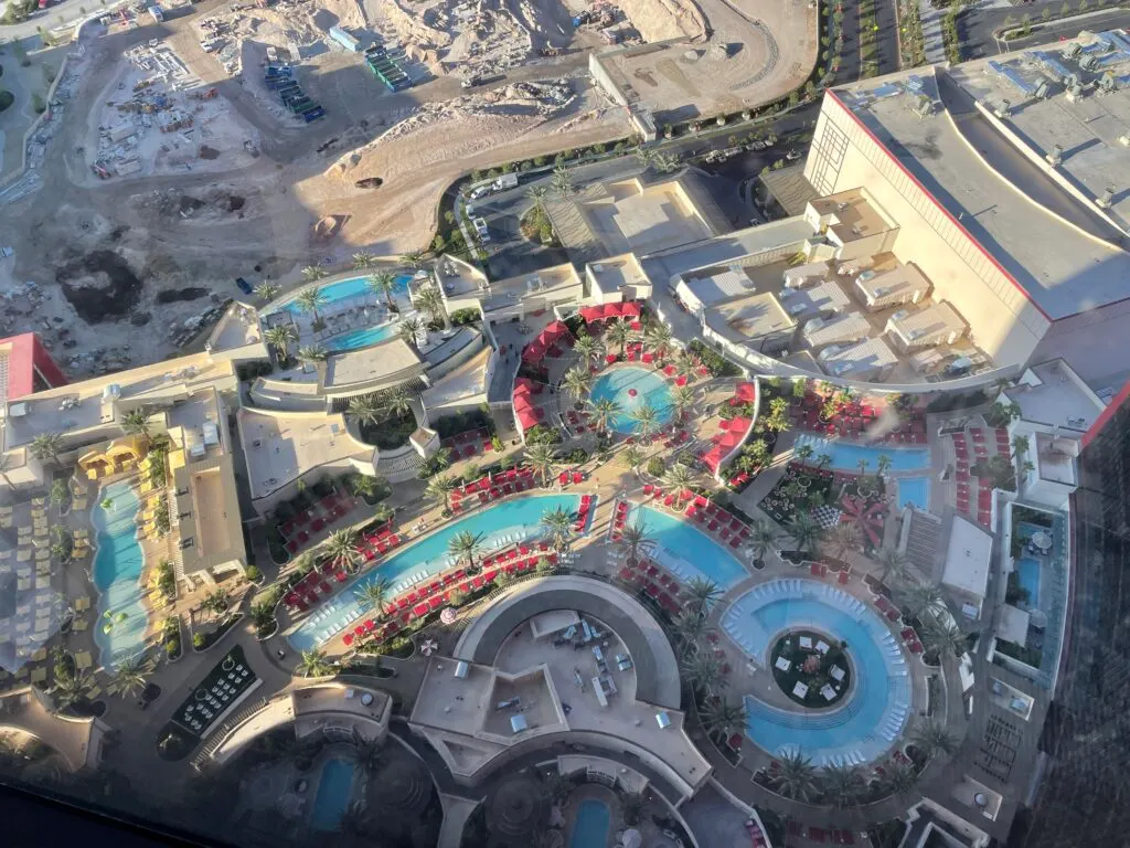 The rooftop pools at Resorts World photographed from my room above. 