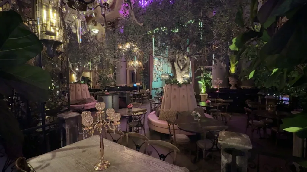 A view inside Vanderpump, which is full of foliage and decorative lighting.