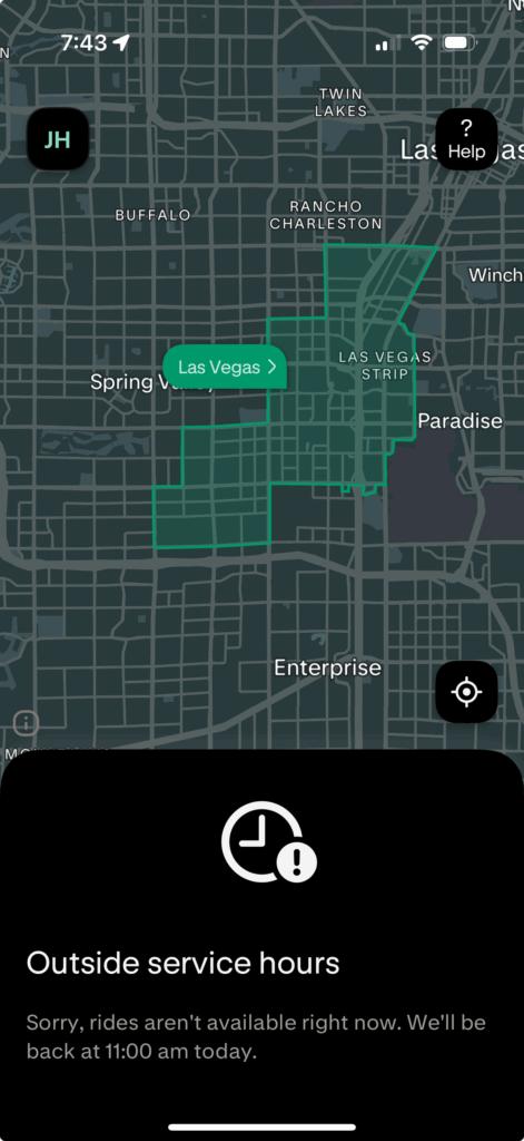 A screenshot of the Zoox App showing the Las Vegas service area.