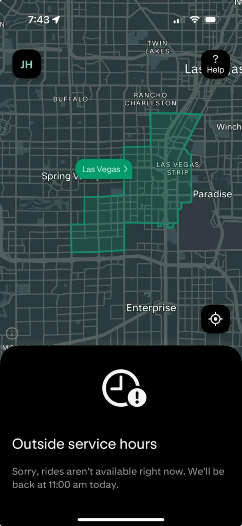 A screenshot of the Zoox App showing the Las Vegas service area. 