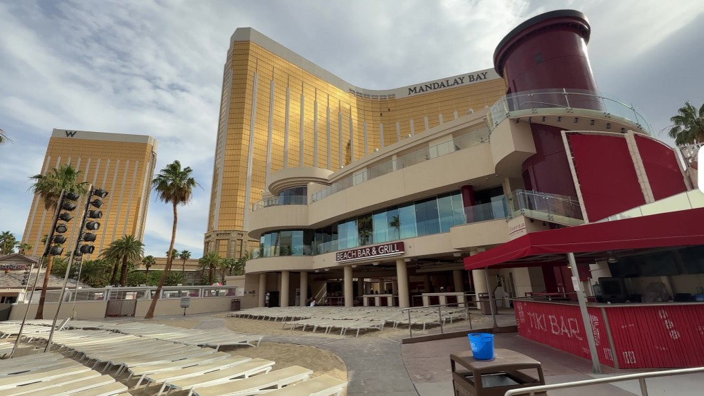 The pool bar and grill in the foreground and Mandalay Bay's hotel tower in the background.