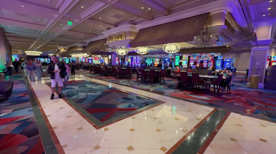A row of empty table games on Bellagio's casino floor.