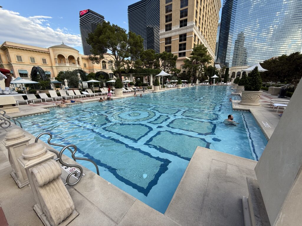 A long, rectangular pool with a decorative design on the floor.