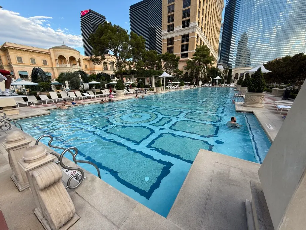 A long, rectangular pool with a decorative design on the floor. 