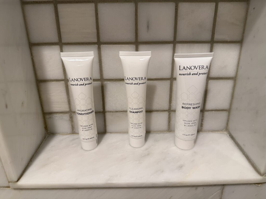 Bath products are lined up on a shelf in the shower.