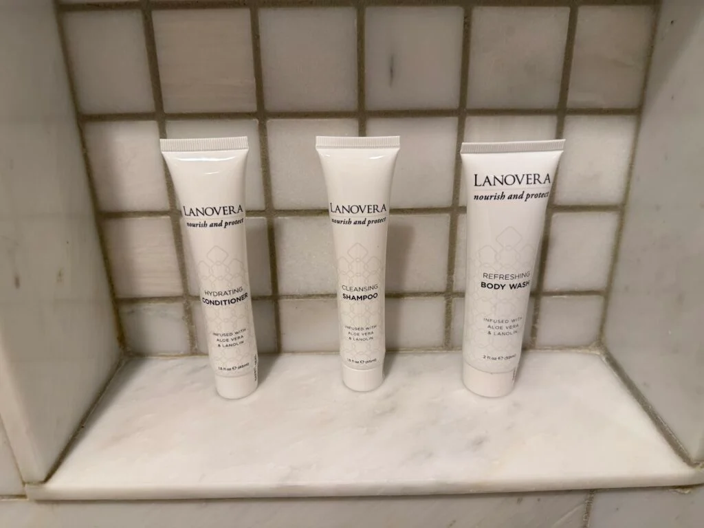 Bath products are lined up on a shelf in the shower. 