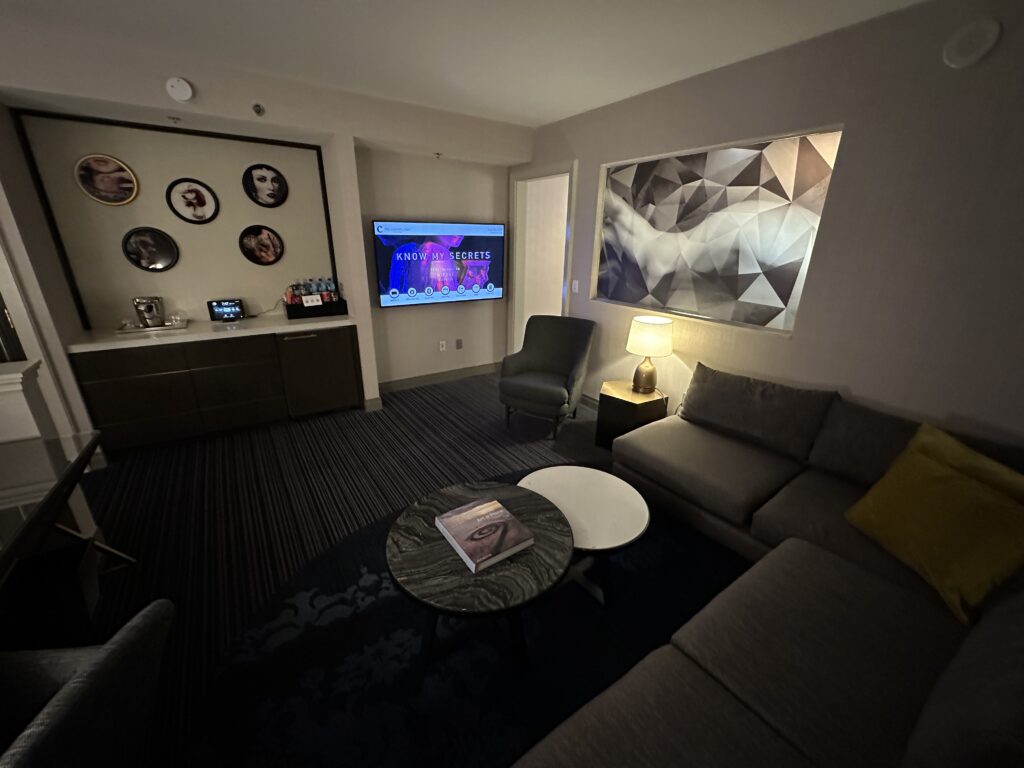 Another angle of the living area, which shows the sectional couch pointed at the TV.