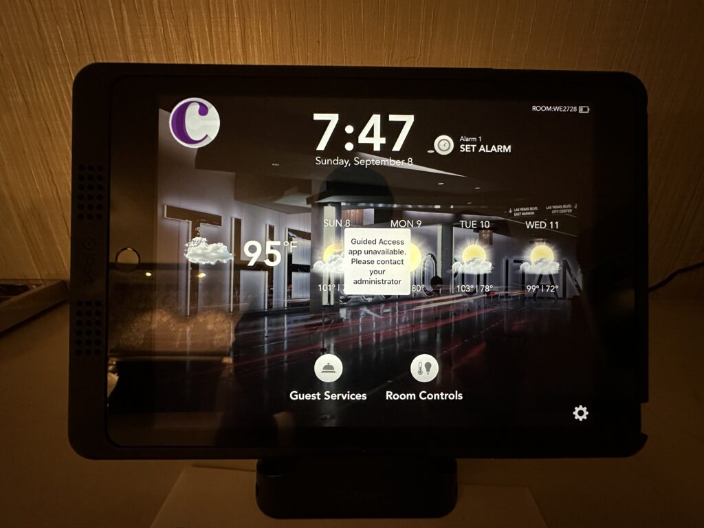 A tablet on the countertop with an error message telling me to "contact an administrator".