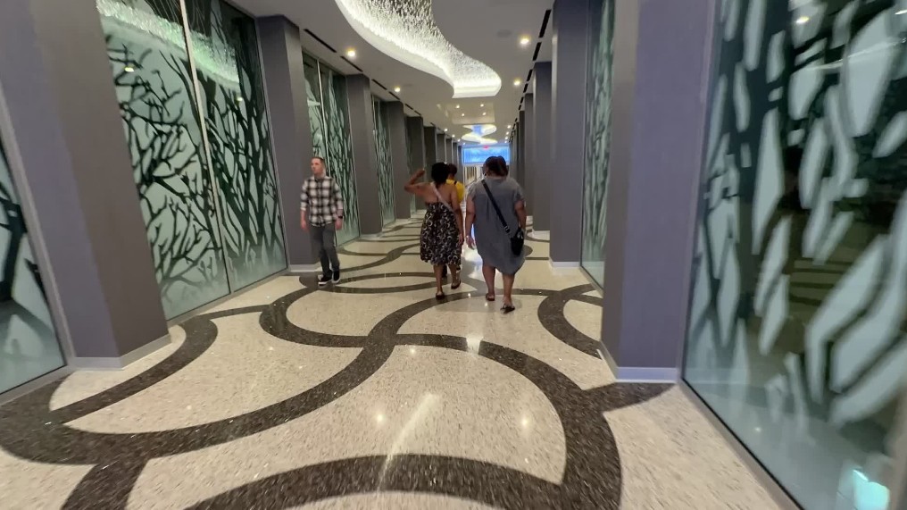An indoor walkway, connecting resorts.