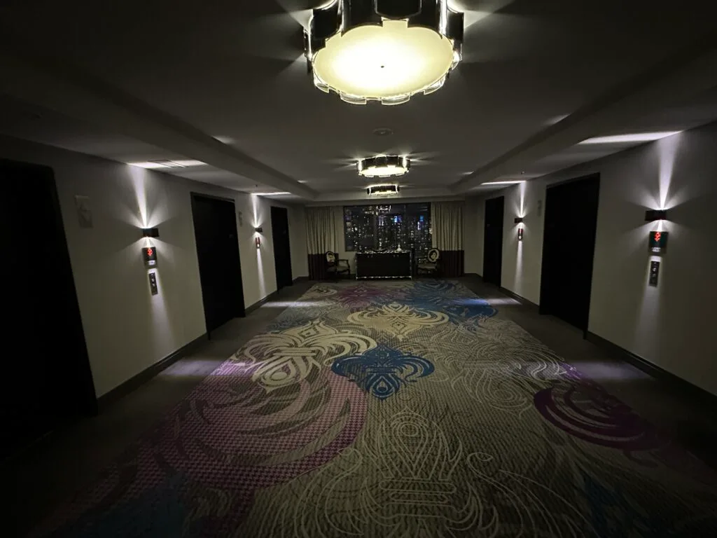 An elevator lobby, that is very dark.