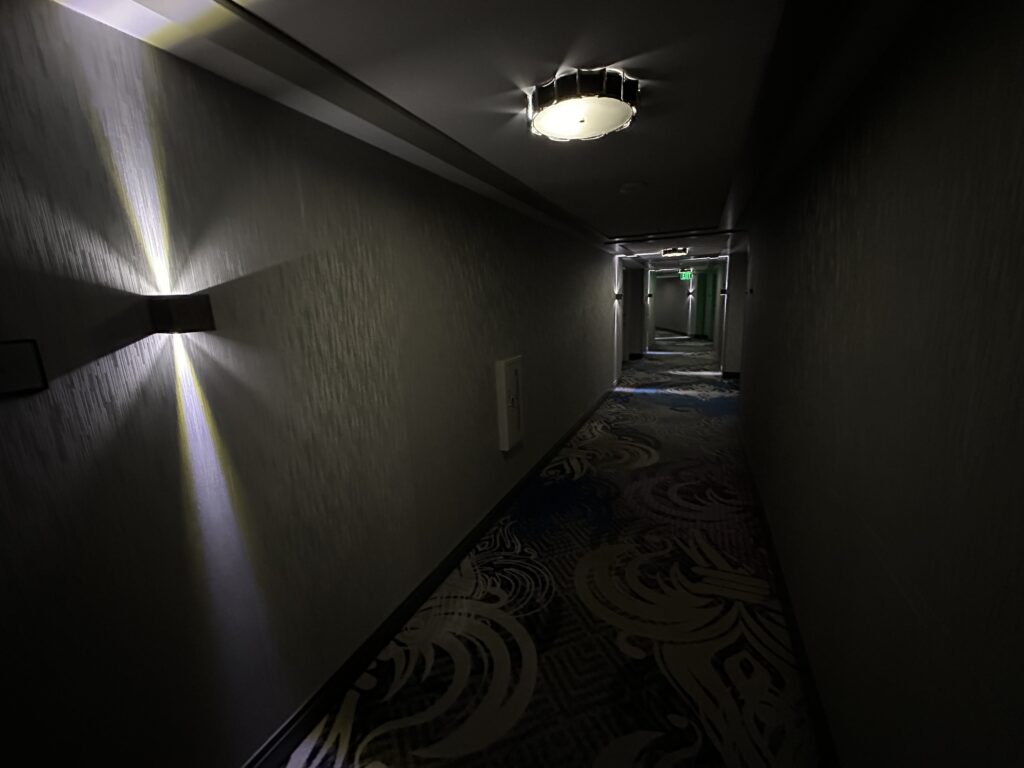 An extremely dark hotel hallway. the darkness only pierced by a wall light on the left wall of the hall.